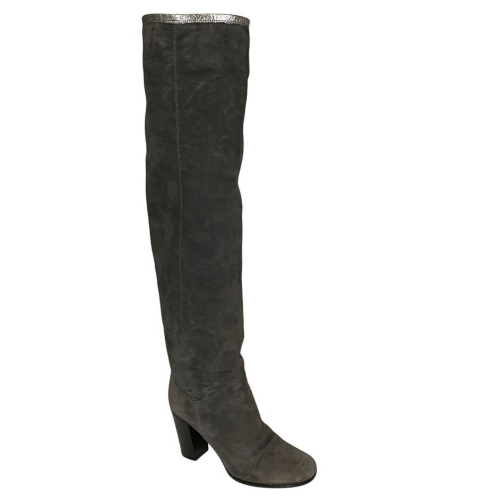Chanel Interlocking C Grey Suede Fold Over Metallic Thigh Knee High Boots EU 38